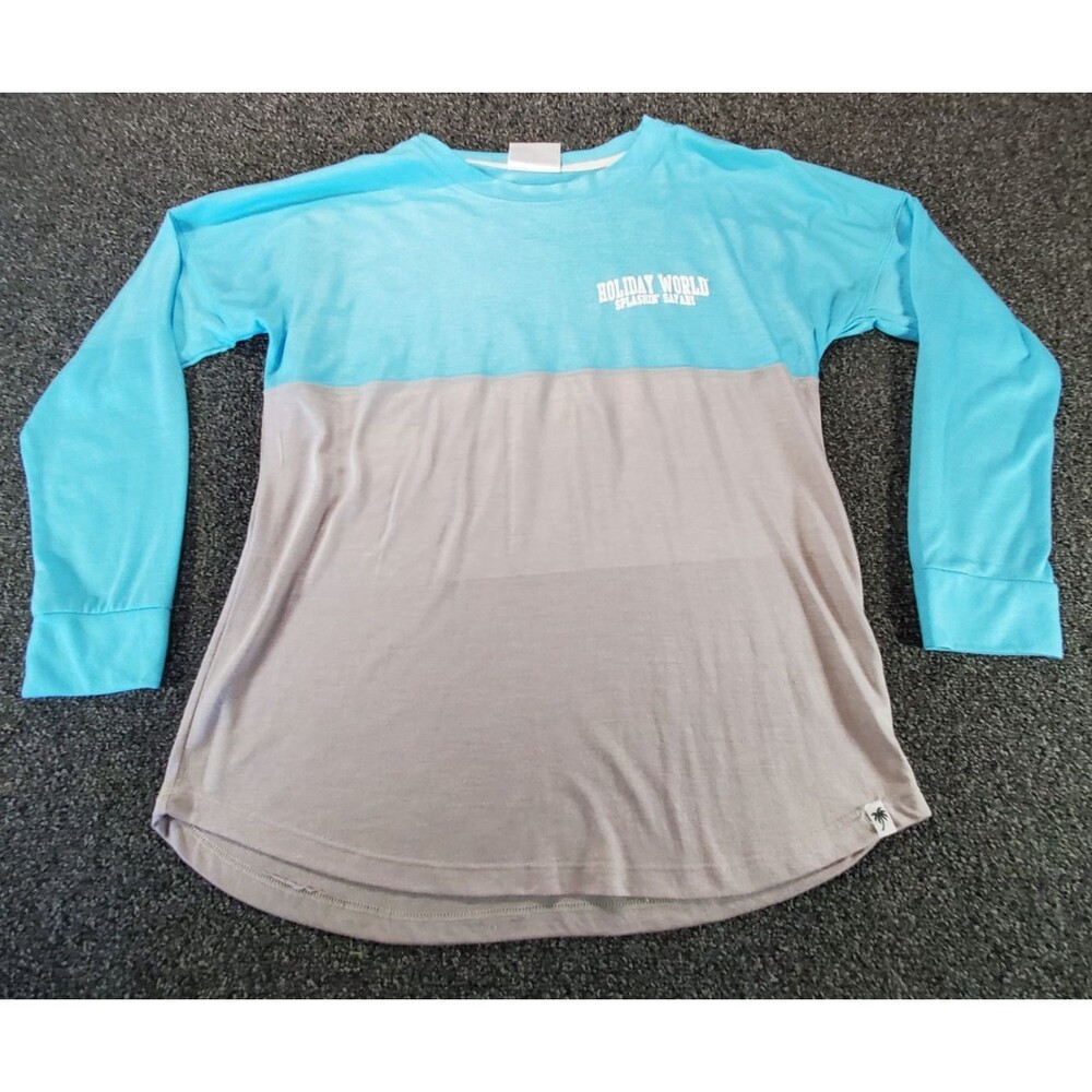 Colorblock Long Sleeve T-Shirt Women’s Medium Blue Gray Holiday World Spell-Out